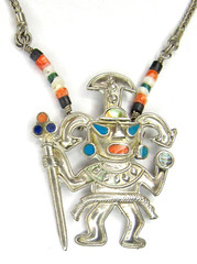 Peru 950 Sterling Silver Multi Stone Inlay Warrior King Pendant Heishi Necklace