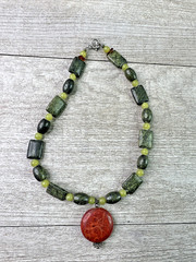 Artisan Made In Montana Beaded Stone Necklace Greens & Red 15 in