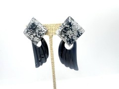 Vintage Black Snowflake Obsidian Onyx Clip On Earrings Dangles RO-DO 1980s QR