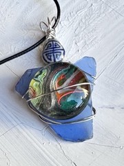 Beach Glass Art Pendant, Hand Painted Cabochon, Wire Wrap Handmade 4250 W