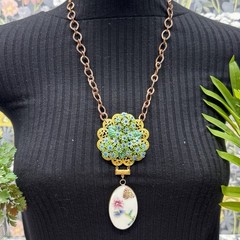 Adorned Crown Jewelry assemblage vintage blue rhinestone ceramic drop necklace
