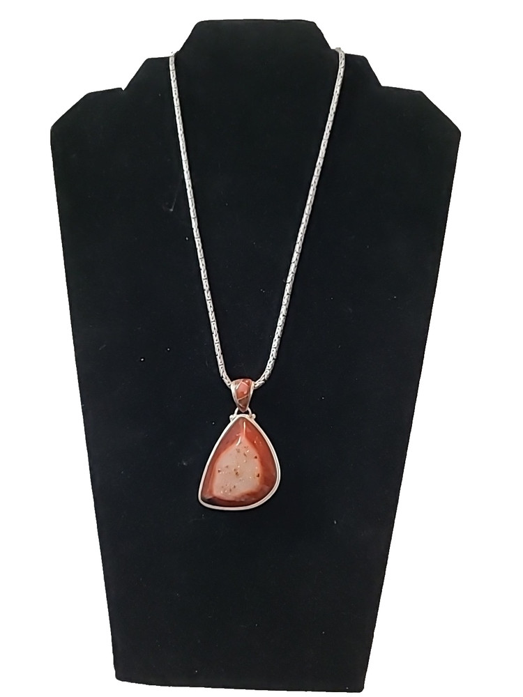 Vintage Signed Sterling Silver Agate Druzy 2″ Pendant on 18″ Necklace Earthtones