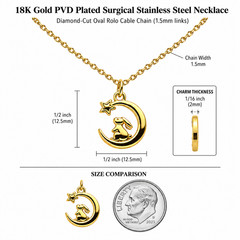 Gold Bunny Moon & Star Charm Necklace – 18K Plated Rolo Chain – Cute Jewelry