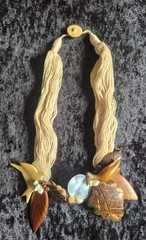Handcrafted Bird Leaf Pendant Necklace Wood Shell Cord Bohemian Brown Beige 22″