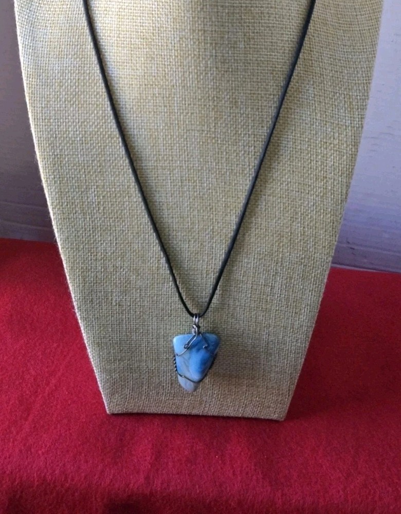Blue Agate Stone Wire Wrapped Pendant Necklace Adjustable Black Cord