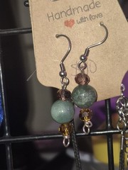 Handcrafted Round Glass Beaded Dangle Earrings Green Brown Silver Hook for Women