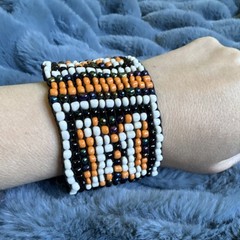 Beaded Adjustable Cuff Bracelet Wood Glass Multicolor Ethnic Orange Black White