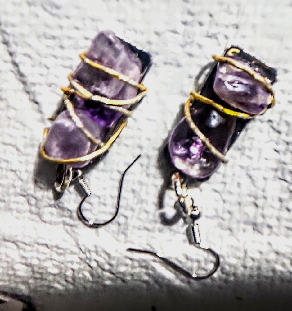Handcrafted Wire Wrapped Amethyst Dangle Hook Earrings Bohemian Purple Silver