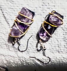 Handcrafted Wire Wrapped Amethyst Dangle Hook Earrings Bohemian Purple Silver