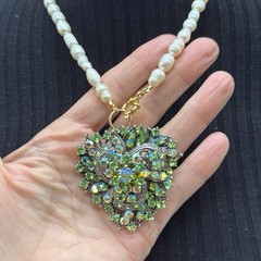Adorned Crown Jewelry assemblage pearl green rhinestone pendant necklace