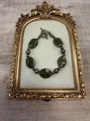 Artisan Natural Nephrite Jade Bracelet Olive Green Gemstone Silver Tone Toggle –