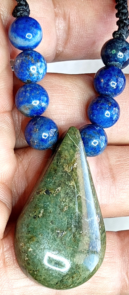Serpentine Stone hand braided adjustable Necklace with Lapis Lazuli beads.