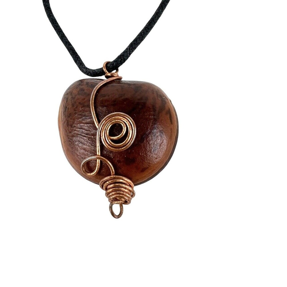 Pendant Necklace Artisan Copper Wire Wrap Wood Black Cord Boho Rustic Jewelry