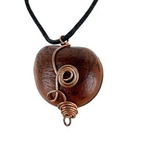 Pendant Necklace Artisan Copper Wire Wrap Wood Black Cord Boho Rustic Jewelry