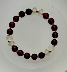 Bracelet Stretchy Frosted Deep Purple & White Glass & Silver Beads Size 6.0”