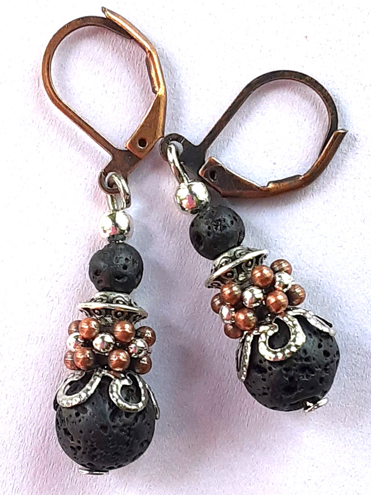 BLACK LAVA ROCK Silver and Copper drop earring artisan leverback 612
