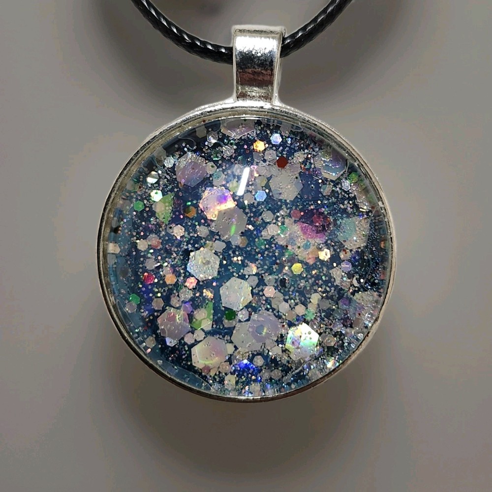 OOAK Wintery Statement Art Under Glass Pendant Necklace On Waxed Cord. Handmade.