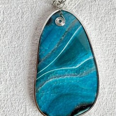 Large Teal Sliced Agate Geode Stone Pendant Enamel Slide Bale