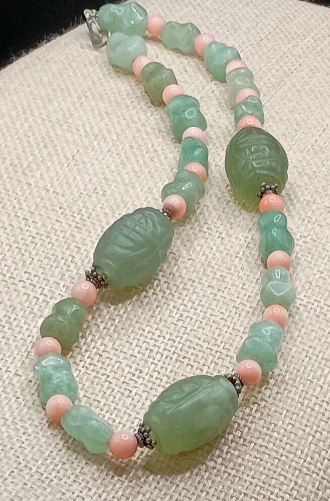 Carved Green Pink Stone Choker Necklace Aventurine Beaded Asian Style 16″
