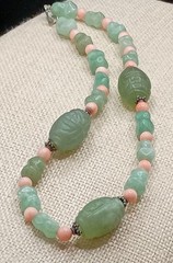 Carved Green Pink Stone Choker Necklace Aventurine Beaded Asian Style 16″