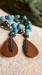 Handcrafted Turquoise STYLE Wood Jewelry Set Earrings Bracelet Boho Western chic