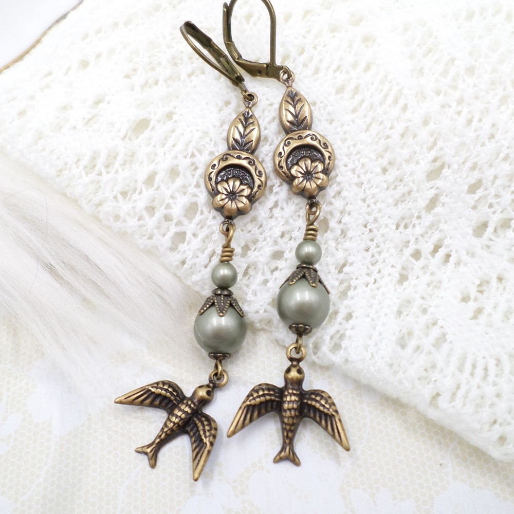 Brass Bird Earrings: Sage Green Pearl Floral Cottagecore Handmade Dangle Jewelry