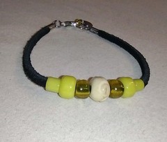 Bracelet Yellow Glass & Bone Beads, Leather Cord, Beads Made By Native Americans
