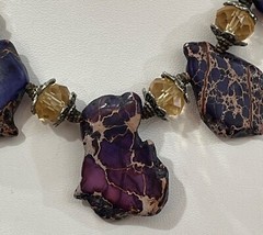 Dyed Purple Variscite Stone Brown Black Veins Faceted Glass Bead Copper Necklace