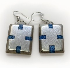 Handmade Taxco 925 Sterling Denim Lapis Inlay Rectangular Hook Earrings 12.2g