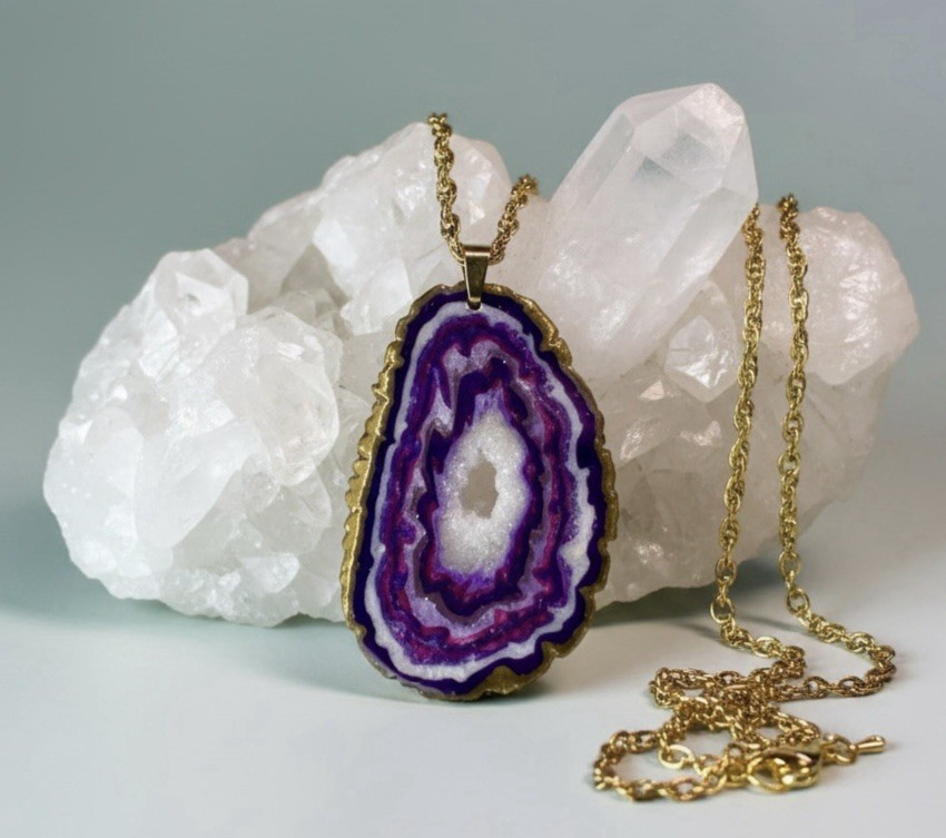 Med Faux Amethyst Geode Slice Polymer Clay Handmade Pendant Necklace SS Chain