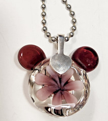 Purple Art Glass Pendant Necklace Teddy Bear w/Flower Inside Beadball Chain READ
