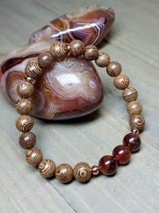 Hessonite Garnet Gemstone Bracelet With Brown Wooden Beads Stretchy 6.50″