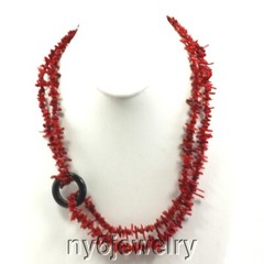 2 strands Red Coral Chip and Black Onyx Ring Necklace gift idea FREE SHIPPING