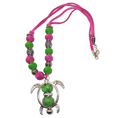 Sea Turtle Pendant Necklace Pink & Green Silver Tone Handmade Whimsical OOAK 19″