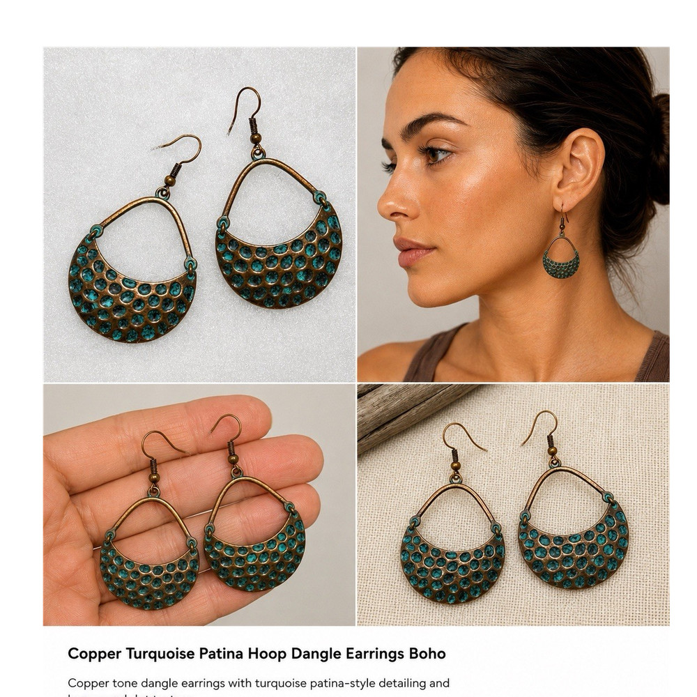 Copper Turquoise Bohemian Hoop Dangle Earrings Handcrafted 1.75in Hook