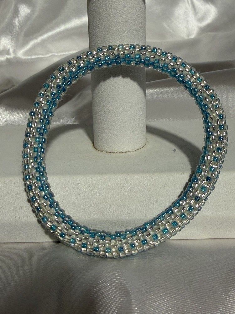 Handcrafted Beaded Bracelet Blue White Glass Beads Round Unisex Adults Jewelry