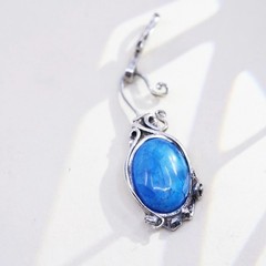 925 Sterling Silver Pendant, Artisan Scroll Charm, Oval Blue Cabochon Jewelry
