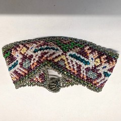 Handmade Vtg Deer Cold Beaded Cuff Bracelet Tapestry Animal Boho 1″ Wide Woven