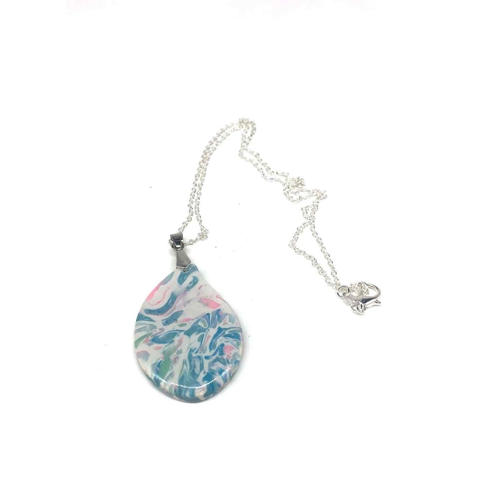 Gorgeous Blue, Pink and White Teardrop Clay Pendant Silver Plated Chain
