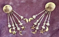 TABRA 14k Gold-Fill Embossed Moon & Stars Rose Quartz Pearl Chandelier Earrings