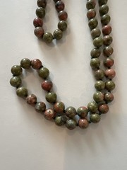 Vtg Unakite JASPER BOHO Hand knotted Beaded 31” Green Pink Southwest N77