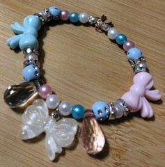 Handmade 6in Elastic Bracelet-Plastic, Polymer, Rhinestone Spacers-3 Bow Charms.