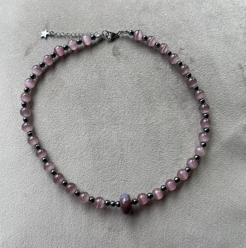 INDIAN AGATE CAT EYE HEMATITE Beaded Choker Necklace 16” Unisex Handcrafted