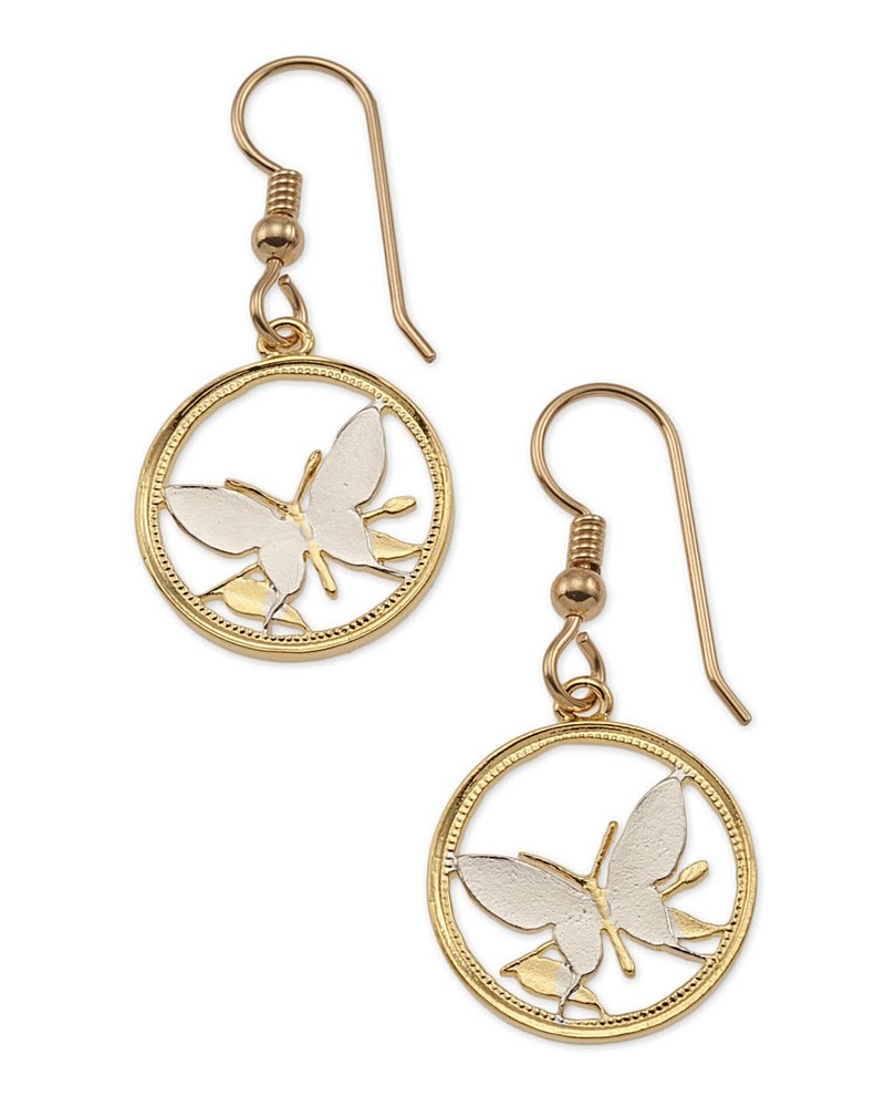 Butterfly Earrings. Hand Cut New Guinea Butterfly Coins, 5/8″ in Dia.,( # 247E )