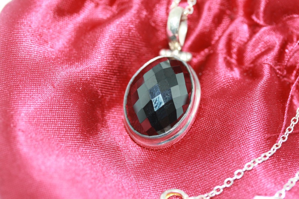 New Faceted Shiny Oval Onyx Sterling Silver Mexican Necklace 45CM 18″ Rolo Chain