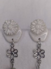 Handcrafted Polymer Clay Resin Silver Stud Dangle Pearl White Floral Earrings
