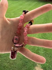 Rose Quartzs and Jasper Beaded Stretch Charm Bracelet w/ Rose petals.
