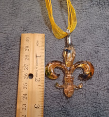 Necklace with 18 inch Gold ribbon and Gold, Brown Glass Fleur-de-lis Pendant