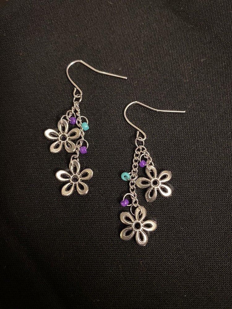 Handmade Earrings Flowers w/ Purple/Teal Drop/Dangle Charm