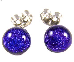 DICHROIC GLASS Post EARRINGS Tiny 1/4″ 7mm Small Dot Blue Purple Metallic STUDS